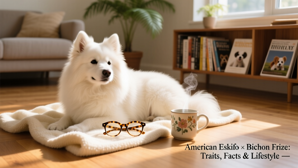 A cozy indoor scene: an Eskichon curled up on a soft blanket next to a pair of reading glasses and a mug, radiating calm contentment