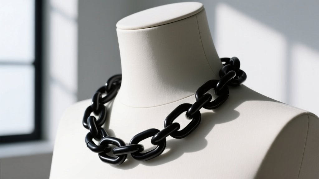 Side view of a flexible black nylon SLS chain necklace draped over a mannequin neck, showing natural drape and tensile bend.