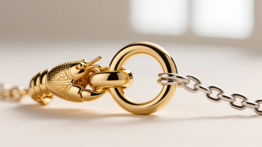 Extreme close-up of a 14k gold lobster clasp engaging a jump ring on a delicate chain, demonstrating a secure mechanical closure.