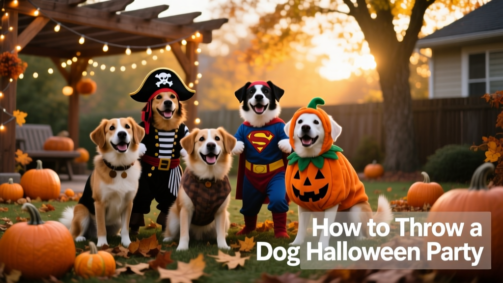 A group of costumed dogs posing together in a festive backyard setting with pumpkins and string lights
