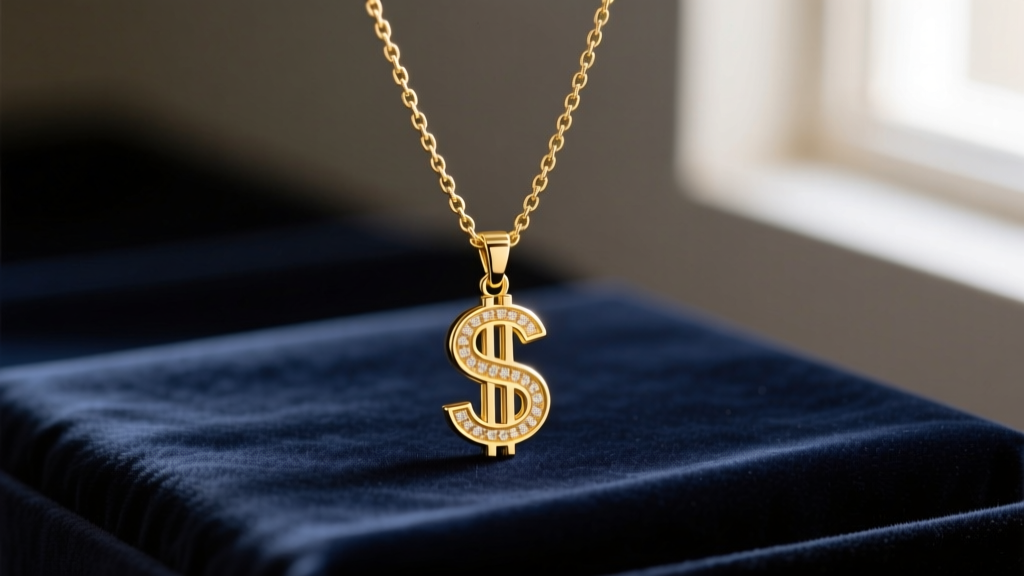 14k yellow gold money graduation necklace featuring a dollar sign pendant on a box chain, resting elegantly on dark navy velvet.