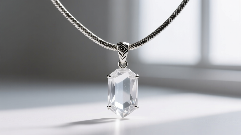 2mm flat silver snake chain through a quartz pendant bail, soft window light, sharp focus on the tightly interlocking metal links.