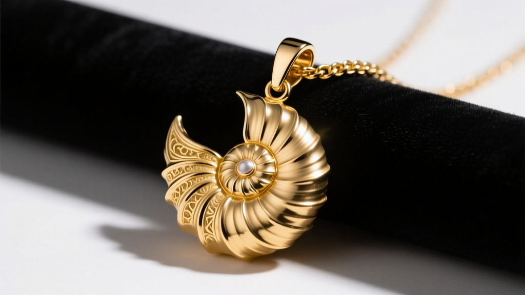 Large gold nautilus shell pendant on dark velvet, studio lighting highlighting the textured metal surface and heavy chain bail.