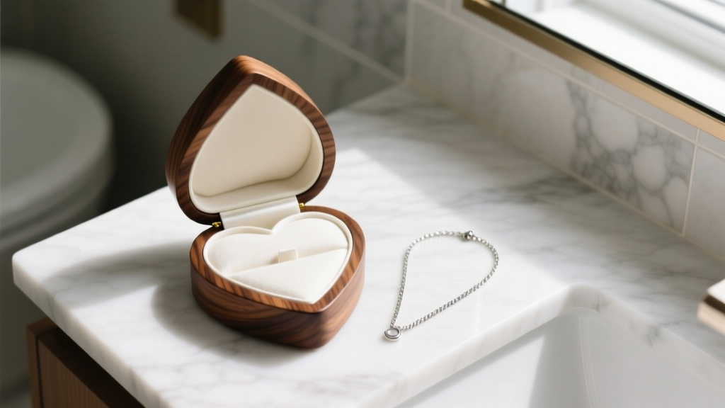Top-down view of open walnut heart jewelry box lined with cotton, resting on marble vanity beside a delicate silver chain necklace
