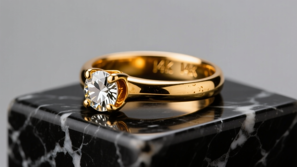 Macro shot of a vintage 14k gold diamond ring on a bench, lit by LED light to reveal inner shank hallmarks and prong wear.