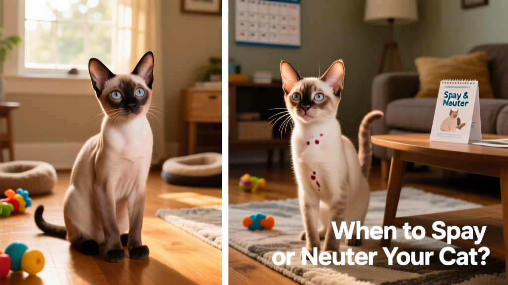 A side-by-side comparison showing healthy development in spayed vs. unspayed kittens at 5 months