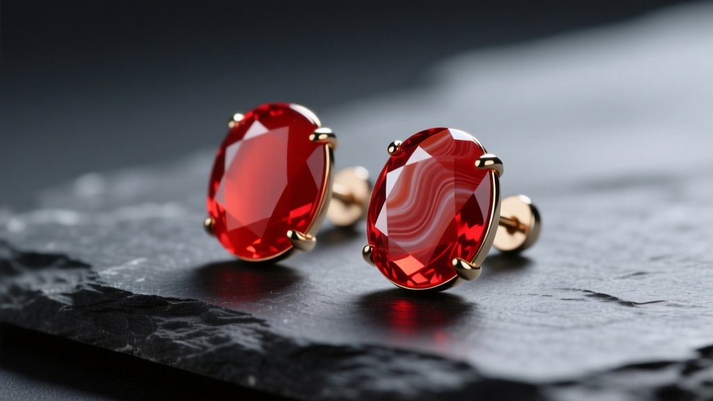 Close-up of vibrant red agate cabochon stud earrings resting on dark slate, illuminated by soft directional studio lighting.