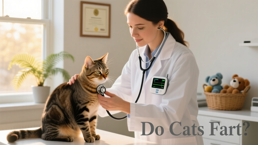 Veterinarian gently examining a calm cat during a routine wellness visit, with a digital stethoscope visible