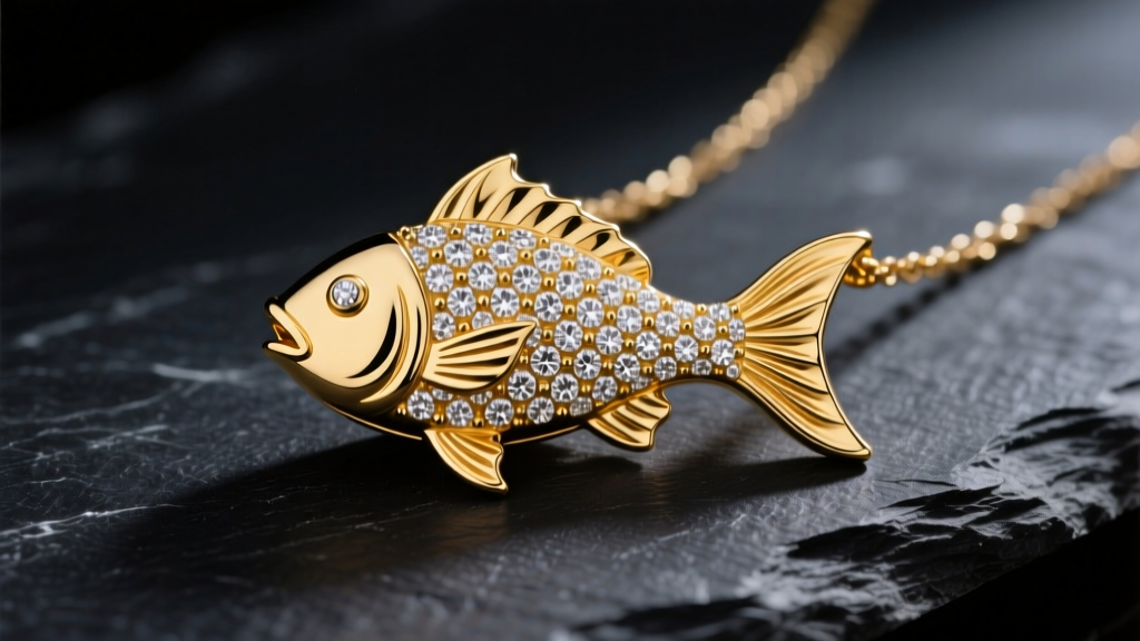 Close-up of 18k gold fish necklace pendant with pavé diamond scales resting on dark slate under moody directional studio lighting