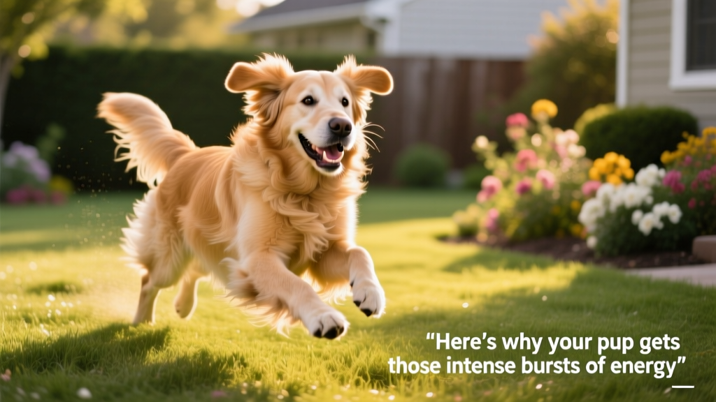 Senior golden retriever mid-zoomie—gentle, short burst of energy on a grassy backyard lawn