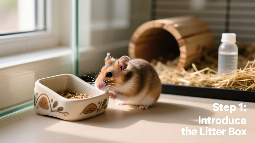 A curious Syrian hamster sniffing a small ceramic corner litter pan placed in a clean cage corner