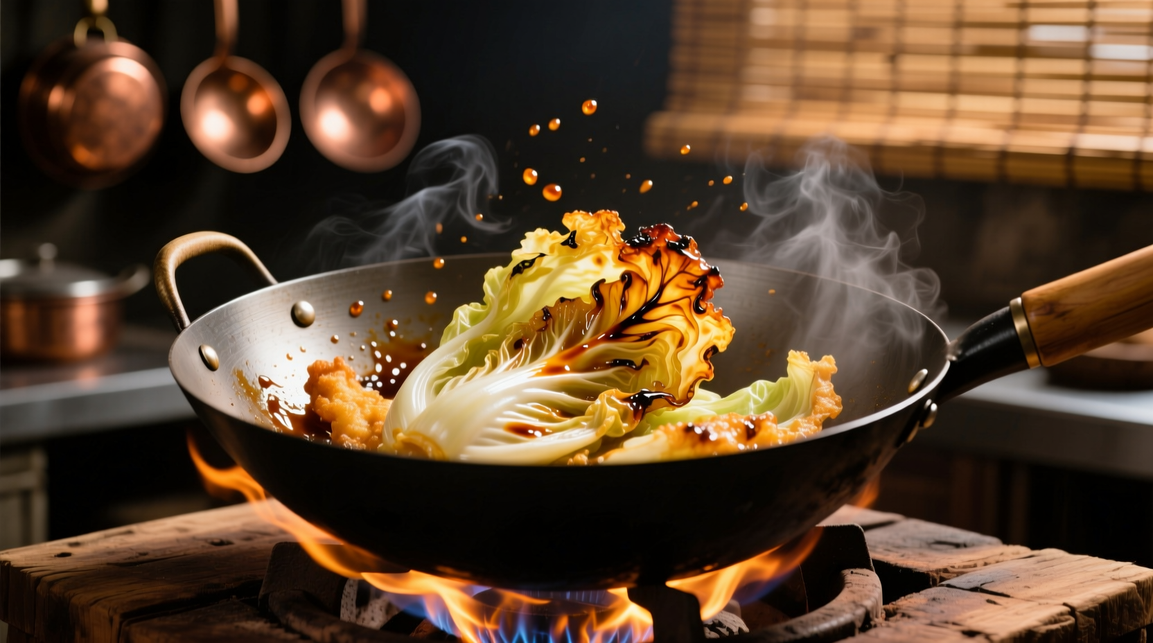 Perfectly caramelized fried cabbage in wok
