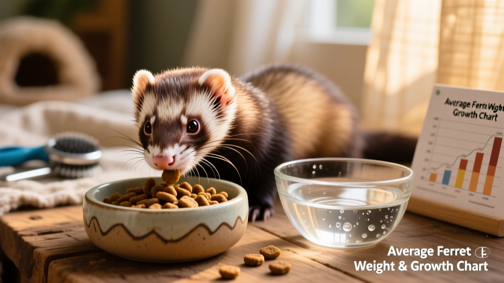 Close-up of a ferret eating from a shallow ceramic bowl filled with high-protein kibble, next to fresh water