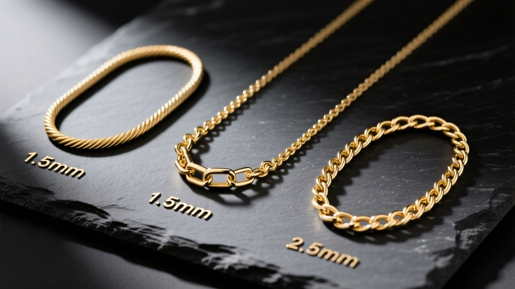 Flat lay of three minimalist solid gold chains including cable, box, and rolo links ranging from 1.5mm to 2.5mm on dark slate.