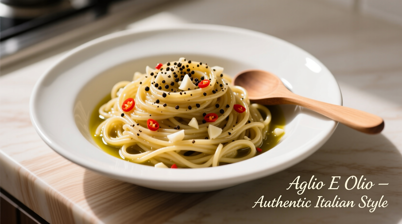 Perfectly coated spaghetti aglio e olio in white bowl