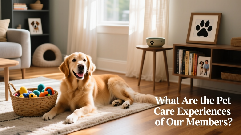 Nicole smiling beside a relaxed golden retriever in a sunlit living room