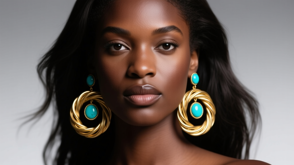 Model wearing large twisted 14k gold Fulani earrings with a central turquoise bead, studio lighting highlighting the wire texture