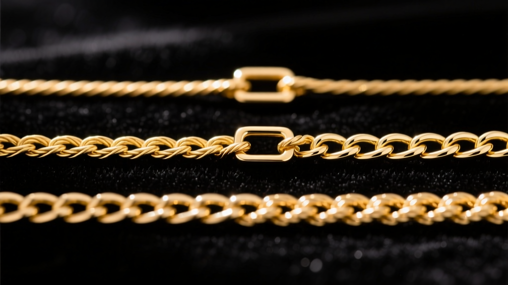 Macro shot of three gold chain weaves: a 0.9mm cable, a 1.2mm box, and a 1.5mm rope, laid parallel on dark velvet