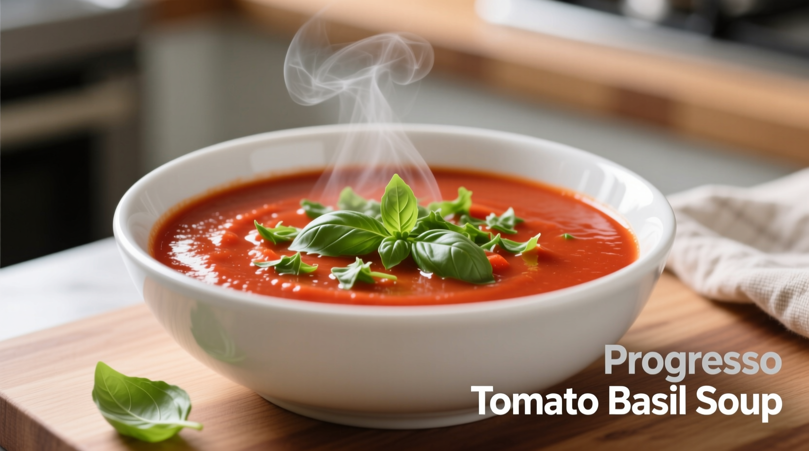 Progresso Tomato Basil Soup in white bowl with fresh basil garnish
