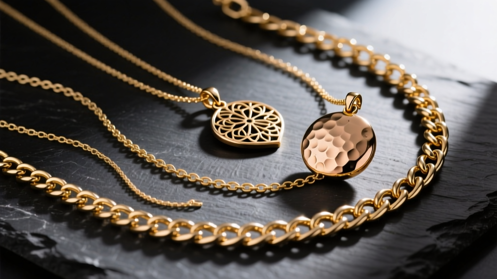 Flat lay of three layered gold chains of varying thicknesses, each holding a distinct textured bronze pendant against dark slate