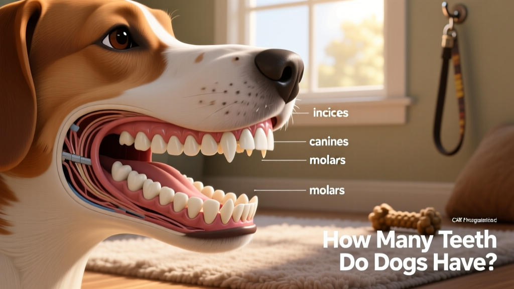 Side-by-side illustration of a dog's upper and lower jaws showing all 42 adult teeth labeled by type