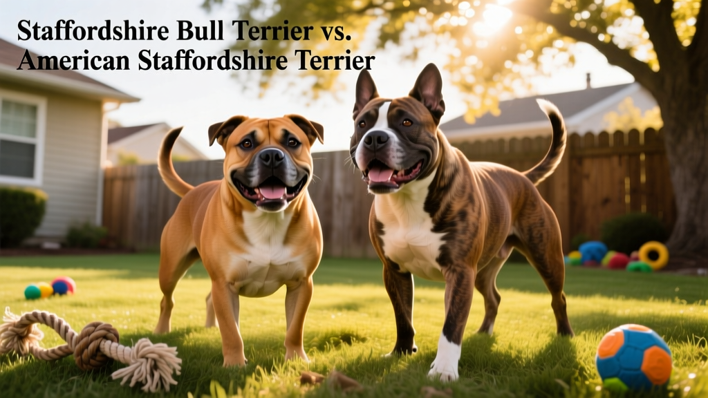 A happy Staffordshire Bull Terrier and American Staffordshire Terrier playing side by side in a sunlit backyard