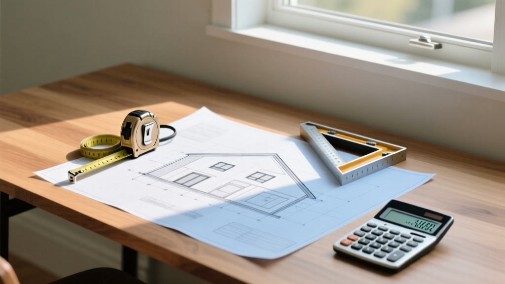 Architectural blueprints on a desk beside a measuring tape, framing square, and calculator for estimating custom home construction costs