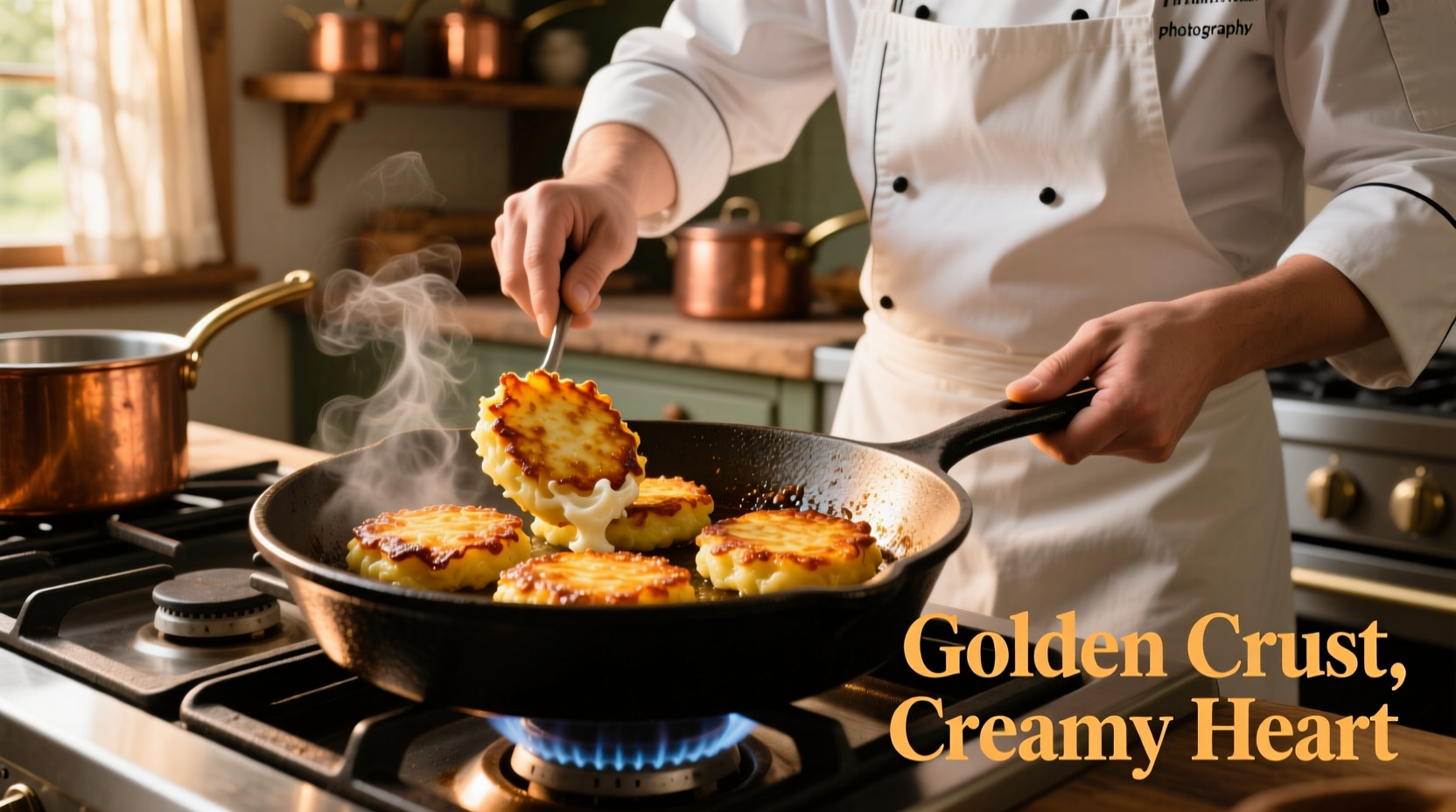 Chef preparing golden instant potato patties in cast iron skillet