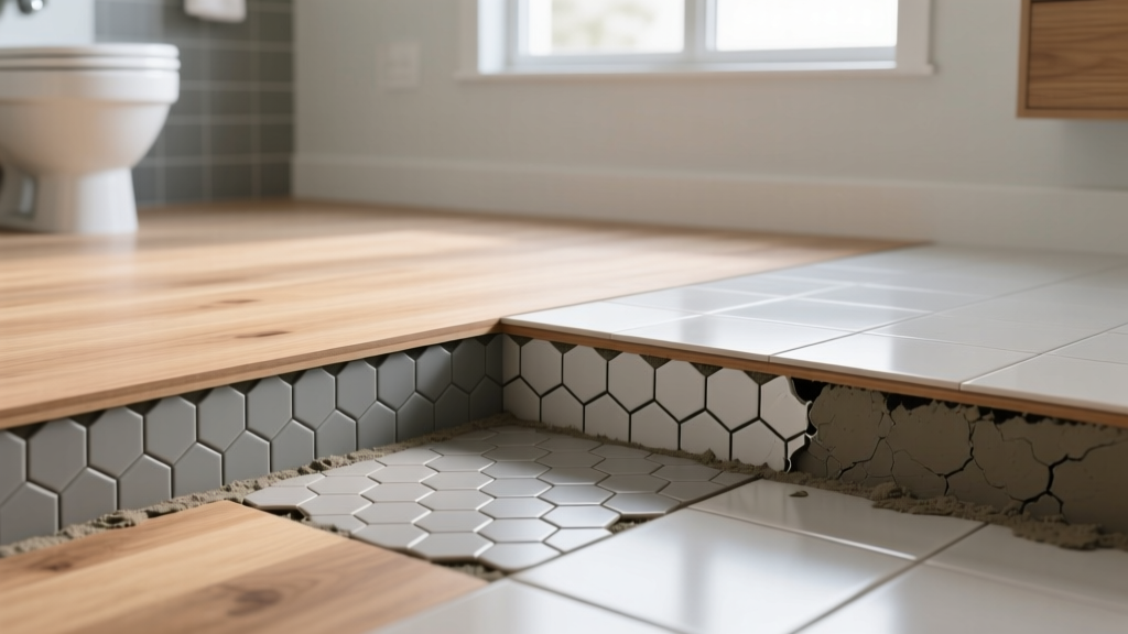 Cross-section diagram of a tiled bathroom floor showing Schluter-Ditra uncoupling membrane over plywood subfloor preventing crack propagation