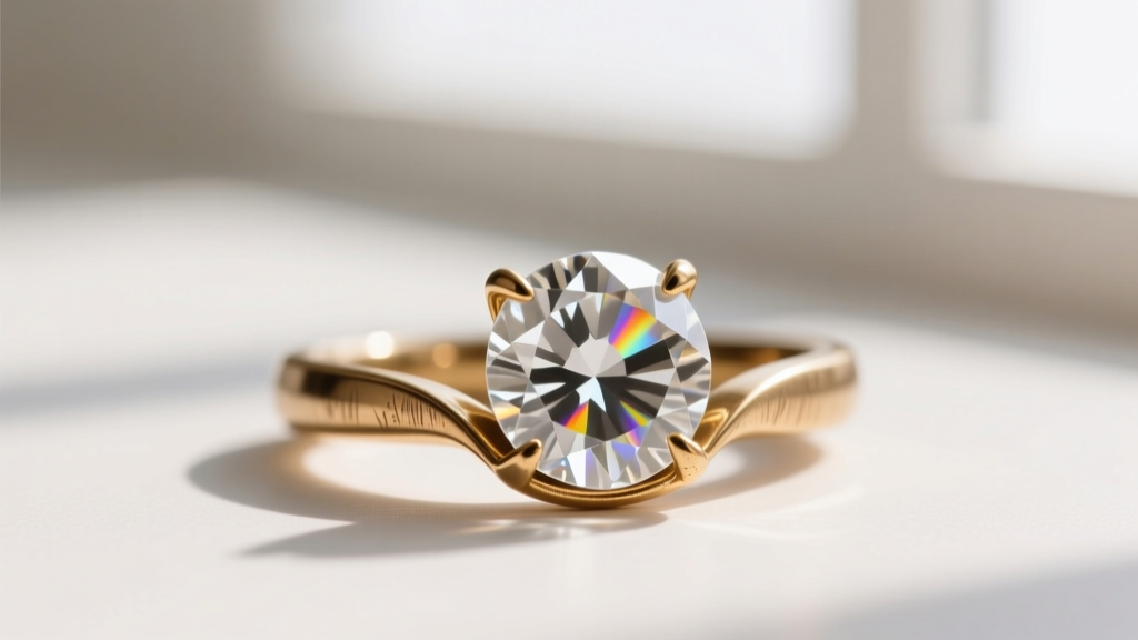 Macro photo of a brass prong setting holding a clear crystal rhinestone, showing the precise metal fold over the stone girdle.