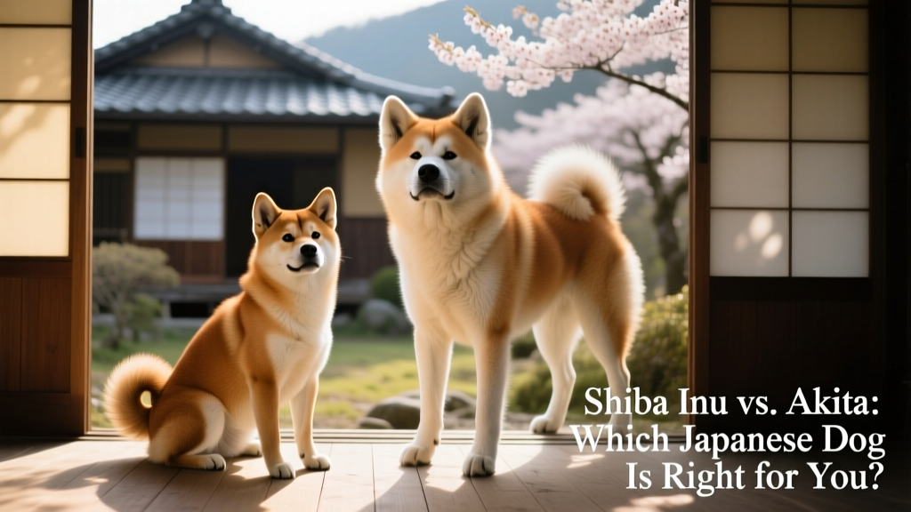 Side-by-side comparison of a Shiba Inu and an Akita standing calmly outdoors