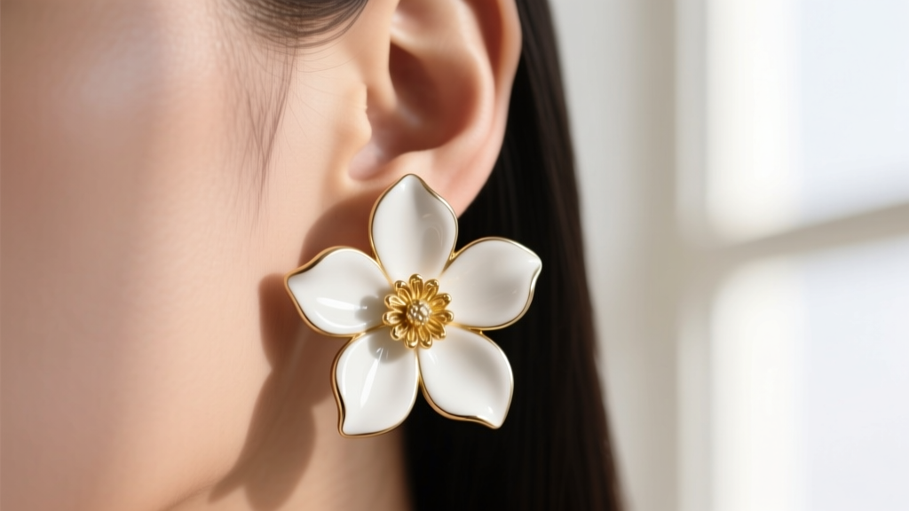 Close-up of large white enamel flower earrings with gold centers on a model, studio lighting highlighting glossy petal textures.