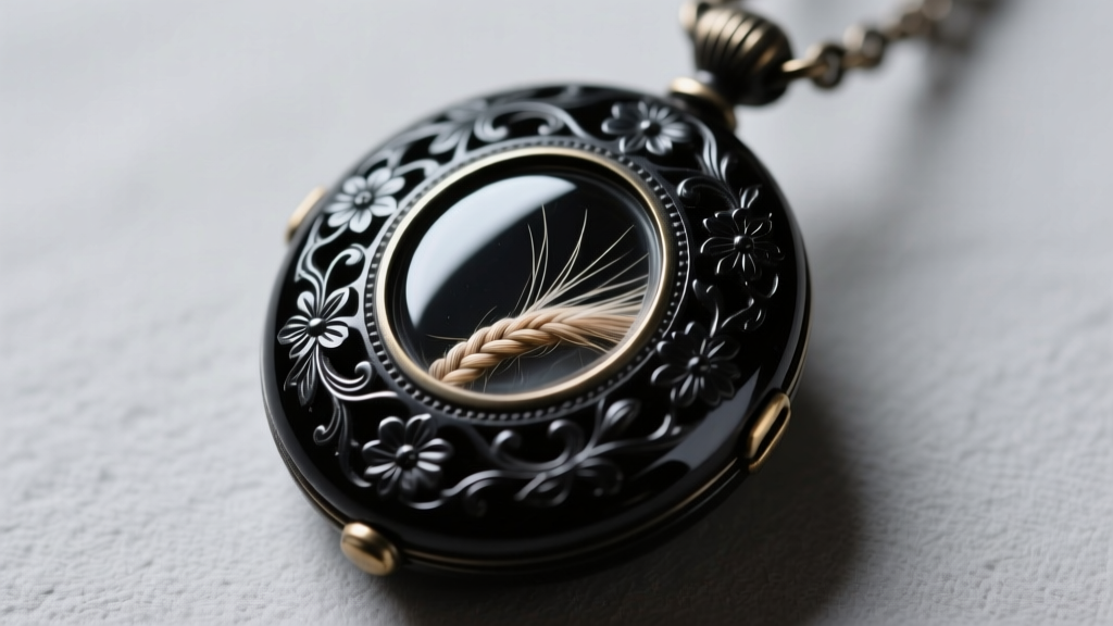 Macro photo of a carved Whitby jet Victorian mourning locket pendant revealing a glass compartment with braided human hair inside.