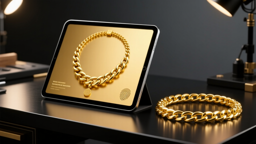 Tablet showing a gold necklace png mockup beside an 18k yellow gold Cuban chain on a dark workbench under warm studio lighting.