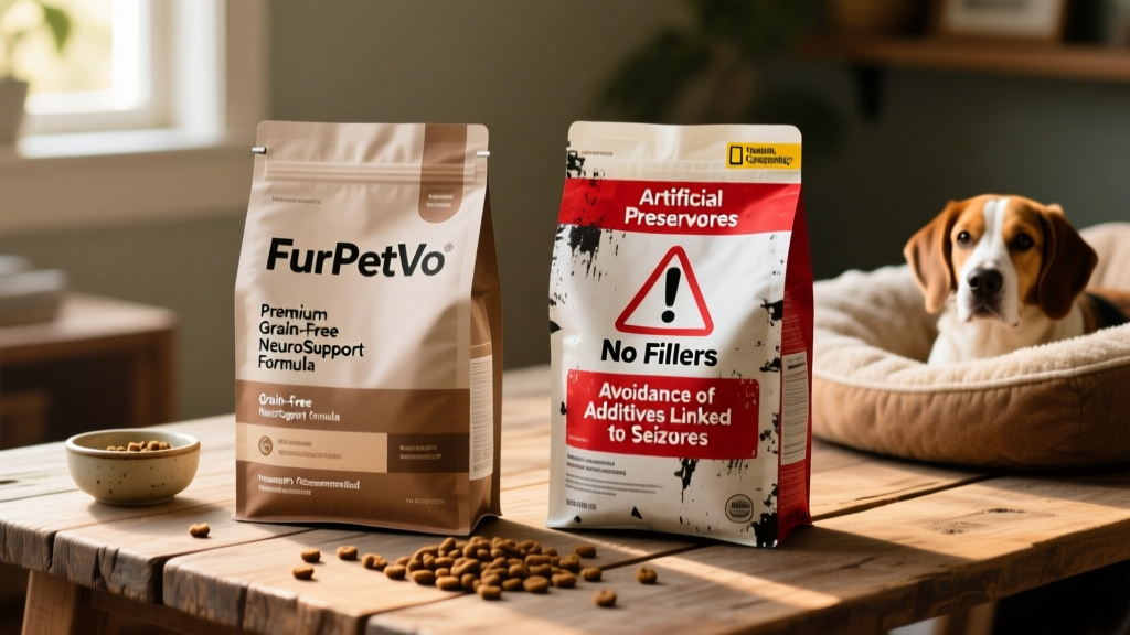 Side-by-side comparison of two dog food bags: one labeled 'FurPetVo Premium Grain-Free NeuroSupport Formula' and another generic bag with highlighted warning labels on artificial additives