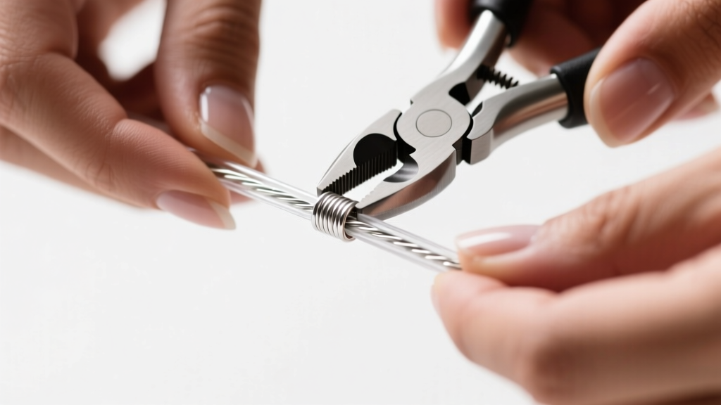 Close-up of hands using crimping pliers to secure a 2mm sterling silver crimp tube onto a clear nylon-coated steel beading wire.