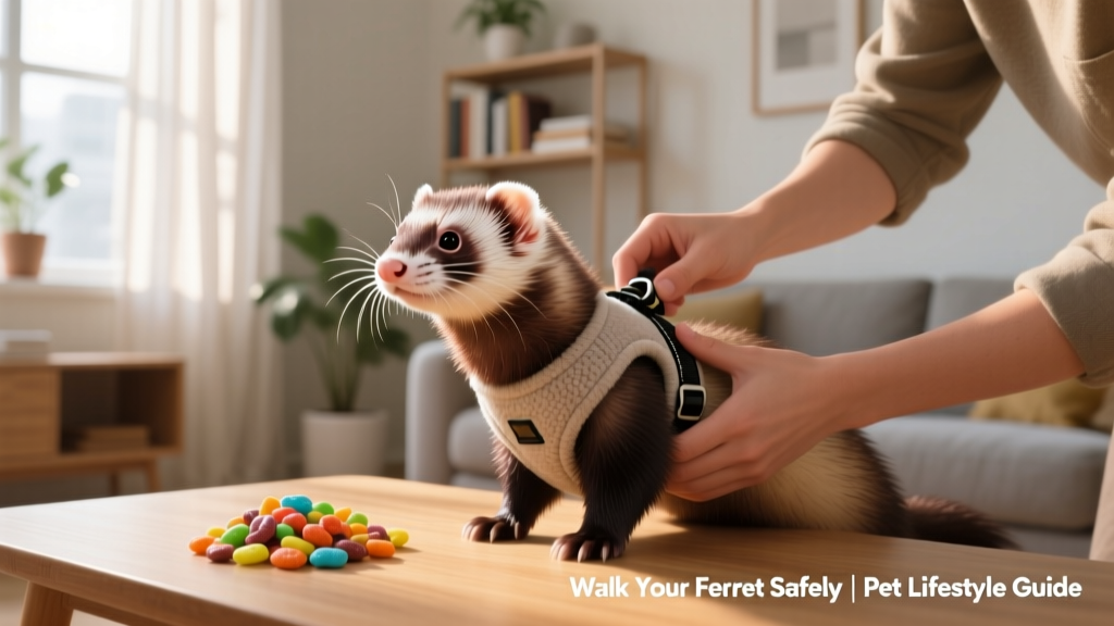 A ferret owner gently fitting a soft, adjustable harness on their ferret indoors, with treats nearby