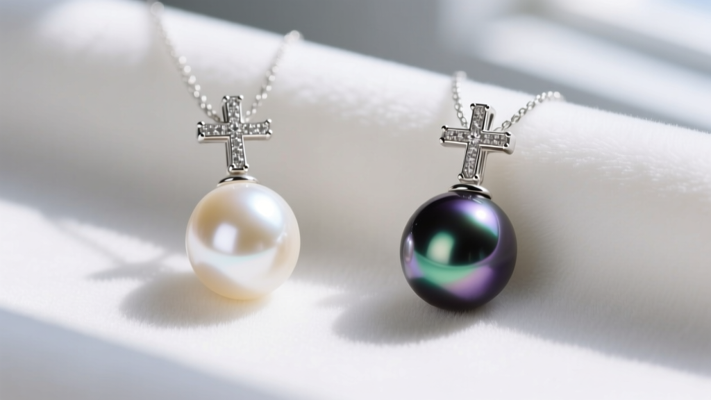 Close-up comparing a creamy Akoya pearl and a dark Tahitian pearl set in platinum cross pendants on a white velvet backdrop