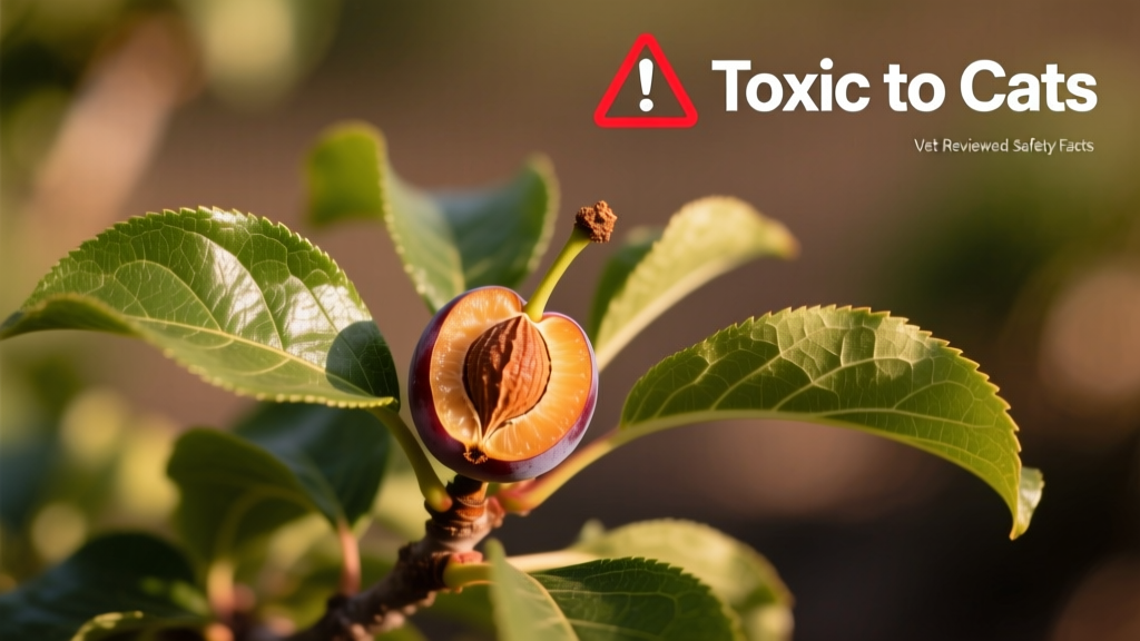 Close-up of a plum pit, stem, and leaves labeled 'Toxic to Cats' with a red warning icon