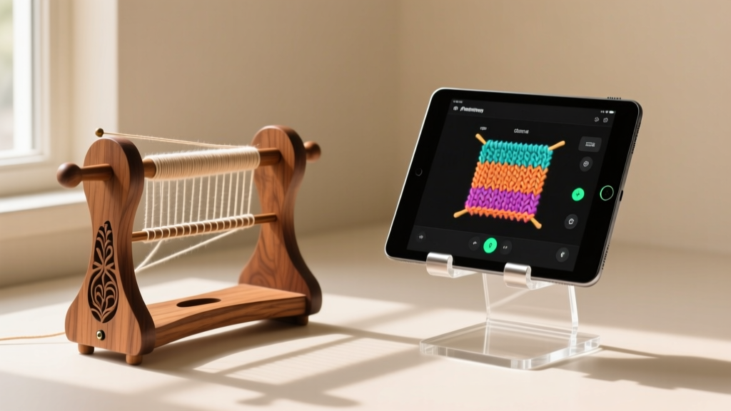 Side-by-side comparison of a traditional manual yarn swift and a modern Bluetooth-enabled digital pattern tracker mounted on an iPad stand.