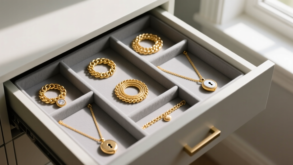 Top-down view of an open dresser drawer with a gray anti-tarnish fabric insert organizing various gold chains and lockets neatly.