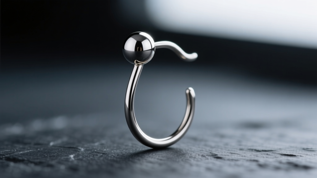 Macro shot of a 20-gauge titanium French hook earring wire, showing the smooth spherical tip and polished curve on dark slate.