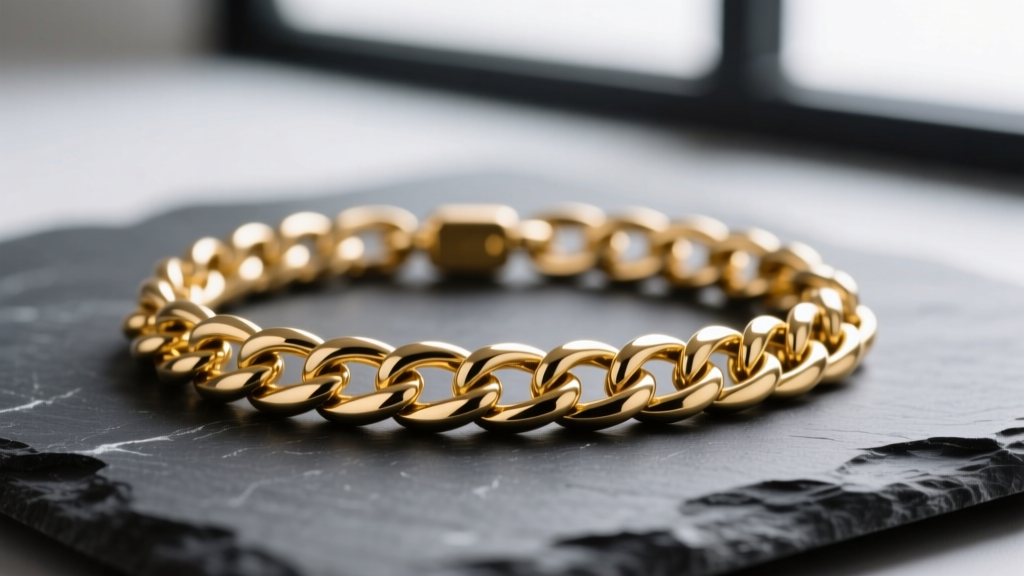 Macro shot of a 12mm gold Cuban link chain on dark slate, reflecting studio light to highlight the polished metal intersections.