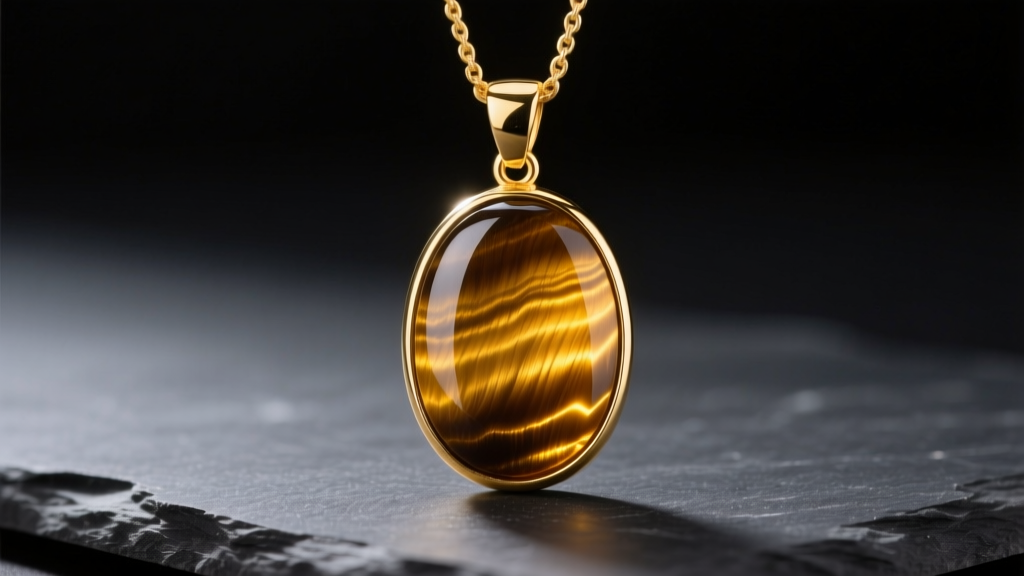 Oval tigers eye crystal pendant in 14k yellow gold on dark slate under warm light, showing vivid golden chatoyancy.
