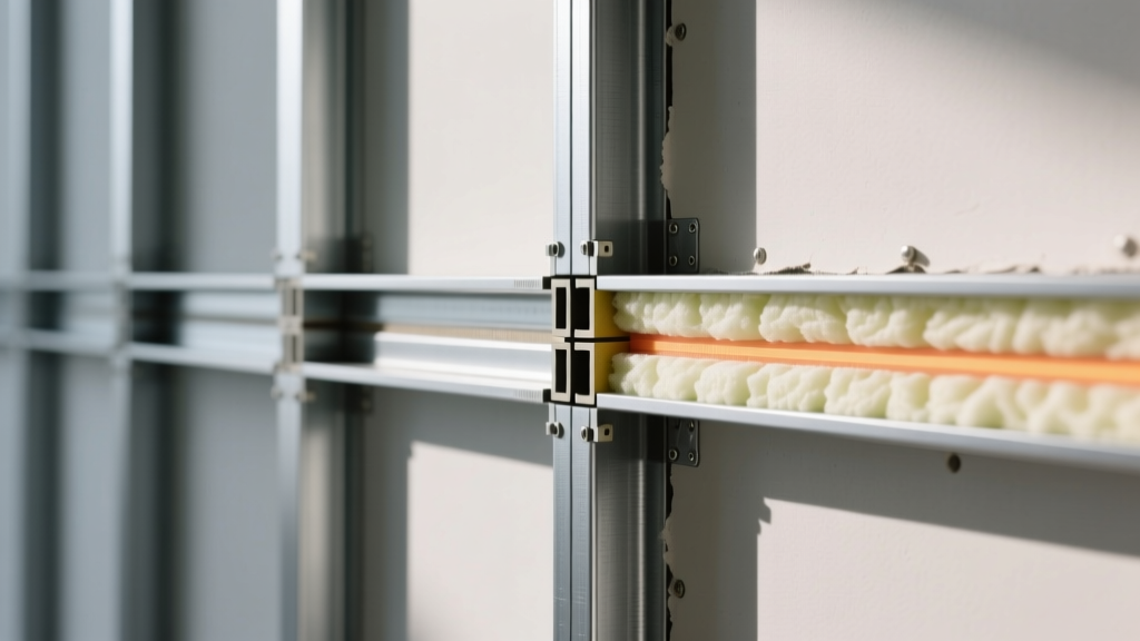 Cross-section of light gauge steel stud wall showing thermal break insulation and drywall attachment