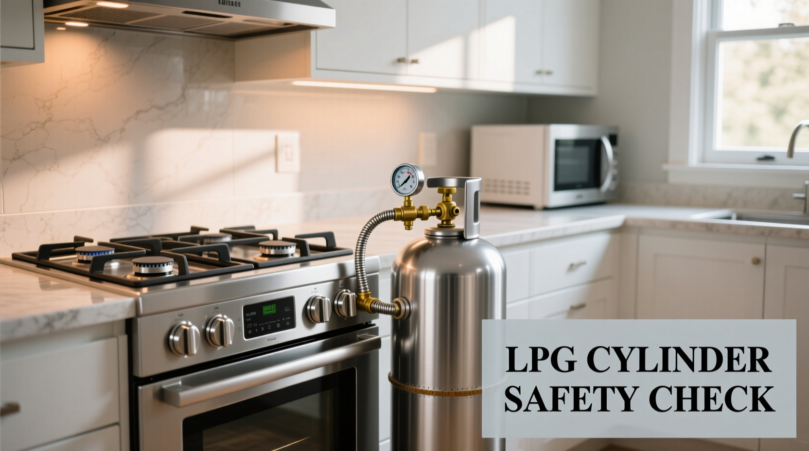 LPG cylinder connected to modern kitchen stove