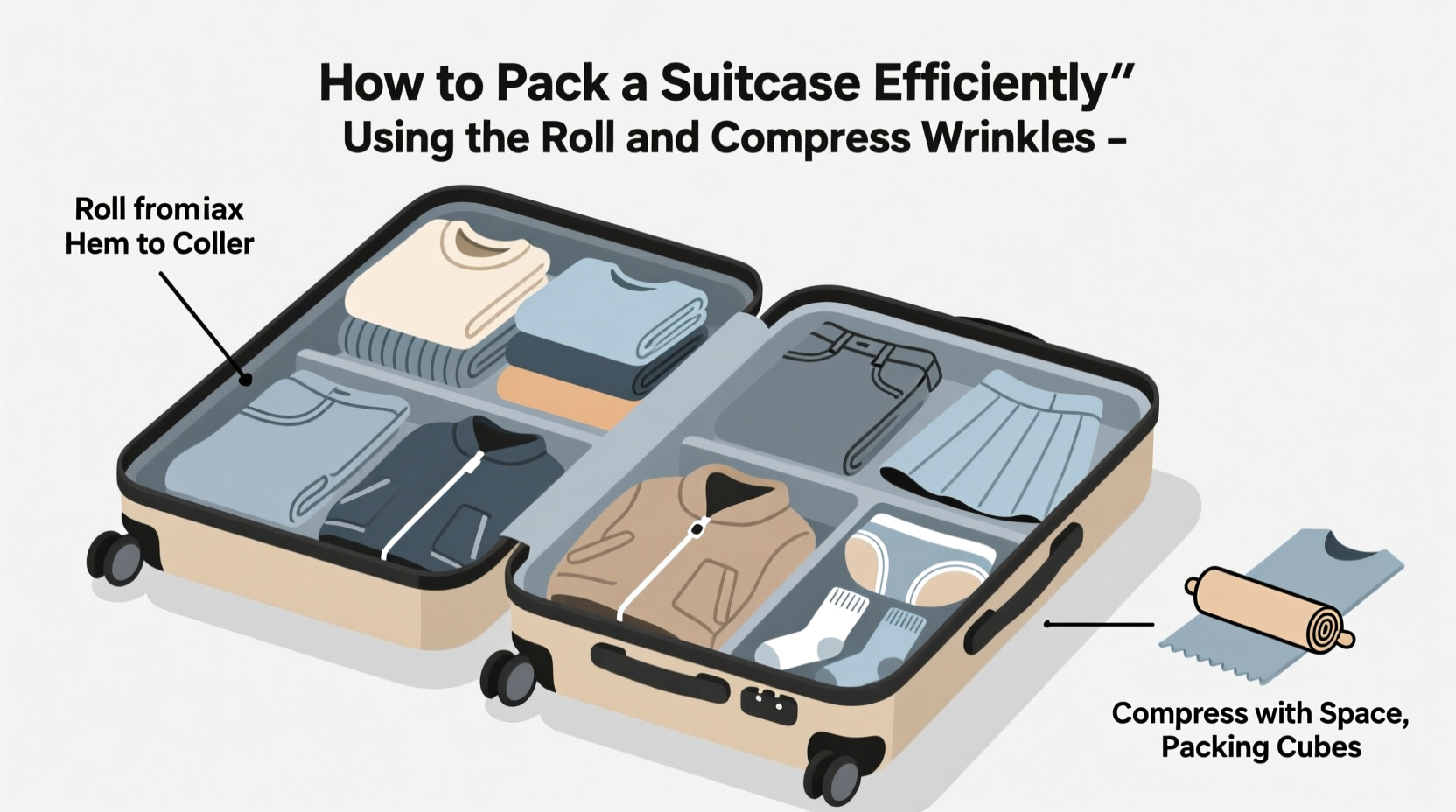 how to pack a suitcase efficiently for a two week trip using the roll and compress method