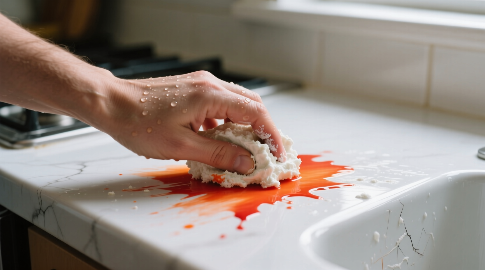 Hand scrubbing food coloring stain with baking soda paste