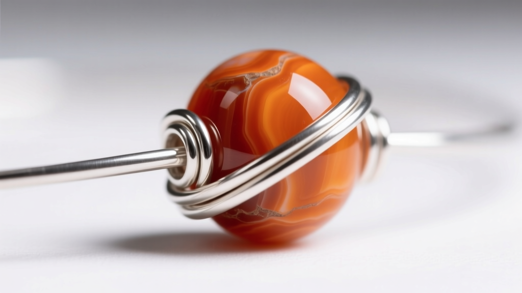 Close-up of 24-gauge sterling silver wire wrapped around a dyed orange howlite bead, highlighting the metal