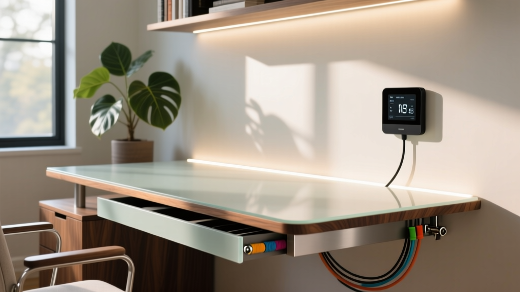Sunlit home office desk featuring automated smart lighting, a sleek wall thermostat, and organized cable management.